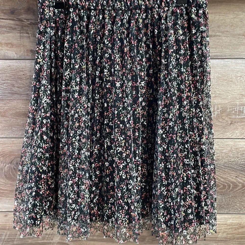 ELLE Womens Skirt Pleated A Lined Lace  Cottagecore FairyGoth Floral Black Sz XS